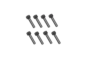 Studio product view of eight RGT fine thread cap head screws arranged in two rows against a clean white background.