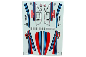 Killerbody 1/10 scale Lancia rally decal sheet featuring iconic racing livery stripes, sponsor logos, and window outlines on a white sheet.