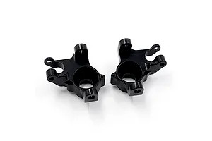 Two black anodised aluminium front steering hub carriers (C-hubs) shown from an angled top view on a plain white background.