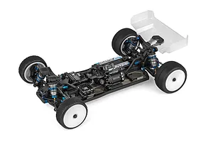 High-angle studio shot of the Team Associated RC10B84.1 4WD electric buggy chassis kit fully assembled without body.