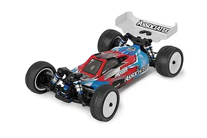 Studio product shot of a Team Associated electric 4WD 1/10 scale RC buggy with blue, red, and white body and white wheels against a white background.