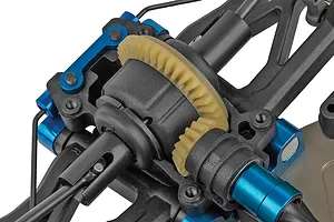 Close-up studio shot of the internal differential gear assembly and blue anodized aluminum chassis parts on the Team Associated RC10B84.1D buggy.