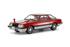 Completed Tamiya 1/24 scale model of a red and silver Nissan Leopard 2-door hardtop car on a white background.