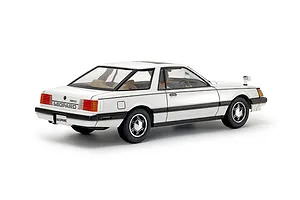 Rear three-quarter view of the Tamiya 1/24 Nissan Leopard 280X plastic model car kit finished in white against a clean white background.
