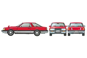 Illustration showing side, front, and rear views of a red and silver Nissan Leopard model car.