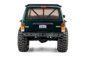 Rear view of the Axial SCX10 III Jeep Cherokee XJ RC rock crawler in green, highlighting the rear bumper, tail lights, and custom license plate.