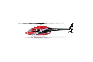 Studio side profile shot of the Blade Jet Ranger 235CP RC helicopter featuring red, black, and silver scale body.