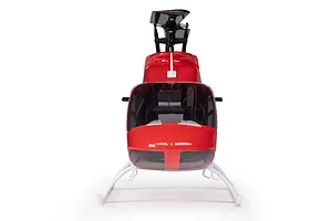 Front view of the red and white Blade Jet Ranger 235CP RC helicopter against a white background.