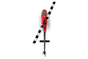 Top-down view of the Blade Jet Ranger RC helicopter showing its red fuselage, black and white striped main rotor blades, and tail boom against a plain white background.