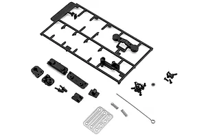 Black plastic parts tree, miscellaneous small molded components, screws, springs, and metal wire on a white background.