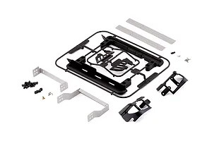 Killerbody 1/10 Toyota Land Cruiser 70 hard body kit accessories including a roof rack, brackets, and hardware on a white background.