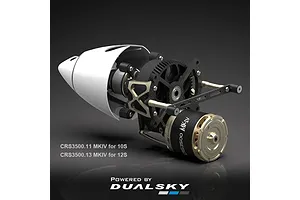 Dualsky CRS3500 Mk IV contra-rotating brushless motor assembly with white spinner and carbon fibre mount.