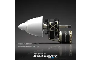 Dualsky CRS3500 contra-rotating brushless motor assembly with a white spinner and gear drive system on a dark grey reflective background.