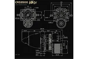 Technical dimension diagram of the Dualsky CRS3500.11 Mk IV Contra Rotating motor showing front, rear, and side schematics.
