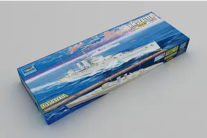 Product box for the Trumpeter 1/350 scale HMS Exeter Heavy Cruiser plastic model kit, featuring box art of the ship at sea against a sunset.