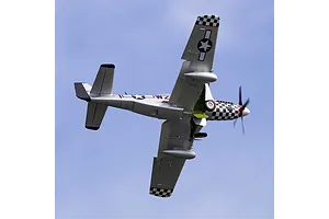 Underside view of the E-Flite P-51D Mustang Big Beautiful Doll RC airplane in flight against a clear blue sky background.