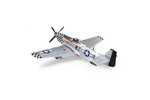 High-angle studio shot of the E-Flite P-51D Mustang Big Beautiful Doll RC fighter plane on a white background.