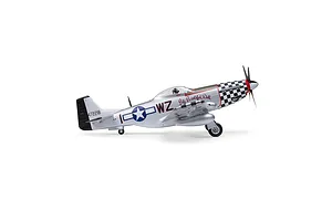 Studio product shot of the E-Flite P-51D Mustang Big Beautiful Doll RC airplane showing its silver livery and markings on a white background.