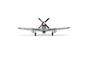 Front-on studio shot of the E-Flite P-51D Mustang RC airplane, showing its silver finish, checkerboard nose cowl, and four-blade propeller.