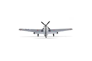 Rear-on studio view of the E-Flite P-51D Mustang RC airplane, showing the tail, wings, and landing gear.
