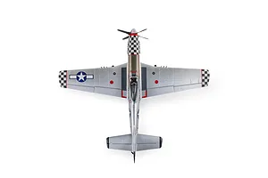 Top-down studio shot of the E-Flite P-51D Mustang RC fighter airplane model against a plain white background.