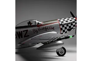 Close-up side profile of the E-Flite P-51D Mustang Big Beautiful Doll RC airplane showing the cockpit, pilot figure, and fuselage details.