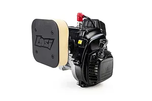 Studio product view of the Losi FJ350 35.2cc petrol engine with black air filter, pull starter, and spark plug against a white background.