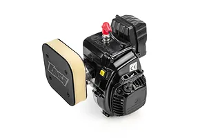 Losi petrol RC engine with attached air filter, pull starter, and muffler against a white background.