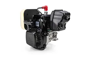 Losi FJ350 35.2cc petrol engine with attached air filter, pull starter, and black metal muffler against a white background.