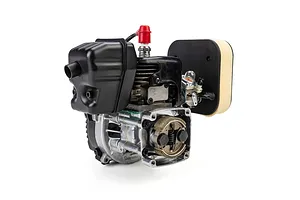 Studio shot of a Losi FJ350 petrol engine featuring a black exhaust muffler, air filter, and clutch assembly against a white background.