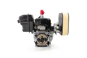 Losi FJ350 35.2cc petrol engine studio shot with air filter, clutch, and muffler against a white background.