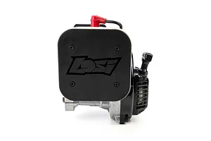 Losi FJ350 35.2cc petrol RC engine with black air filter cover featuring Losi logo, red spark plug boot, and pull starter.