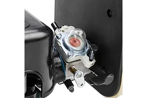 Close-up view of the carburetor and primer bulb on a Losi 35.2cc petrol engine.