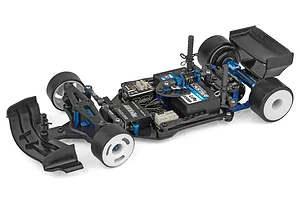 High-angle studio shot of the Team Associated RC28F 1/28 scale electric RC car chassis assembled without a body.