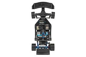 Top-down studio shot of the internal chassis layout of the Team Associated RC28F 1/28 scale electric RC car kit.