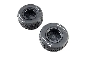 Two black RC wheels with Hoosier treaded rubber tires and white sidewall lettering on a white background.