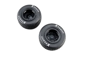 Two black RC wheels with Hoosier treaded tyres and black rims against a white background.