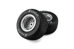 Two Losi 1/10 Hoosier soft compound tyres mounted on satin rims against a clean white background.