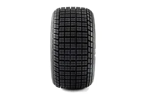 Front-on tread view of a black rubber RC car tyre showing the block tread pattern on a plain white background.