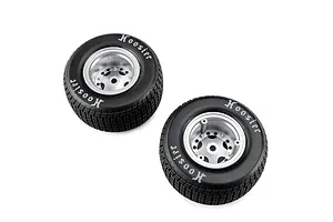 Two Losi 1/10 Hoosier medium compound RC tyres mounted on satin silver rims against a white background.