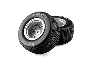 Two Losi 1/10 Hoosier medium compound RC tyres on satin rims, displayed against a clean white background.