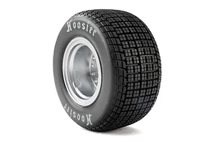 Single Losi 1/10 Hoosier medium compound tyre on a satin rim, viewed against a plain white background.