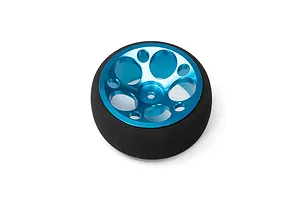 Spektrum wide aluminium wheel and tire assembly featuring a bright blue anodised rim with multiple circular cutouts, set against a plain white background.