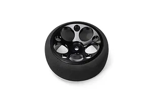 Spektrum black aluminium wide circle transmitter wheel with foam grip against a white background.