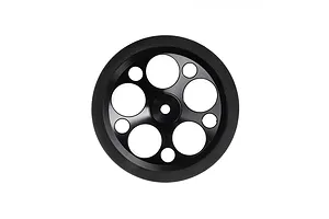 Front-facing studio shot of a black aluminium transmitter wheel featuring a foam grip and circular cutouts on a white background.