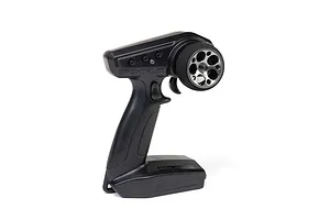 Spektrum RC transmitter installed with an aluminium wide circle gunmetal grey wheel accessory against a white background.