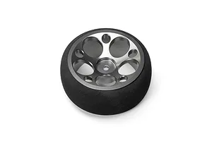 Spektrum aluminium wide circle transmitter wheel in gunmetal grey with a black foam grip on a white background