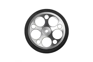 Spektrum gunmetal grey aluminium wide circle transmitter wheel with foam grip isolated on white background.
