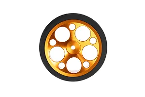 Orange anodised aluminium transmitter steering wheel with foam grip against a plain white background.