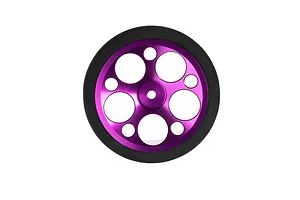 Spektrum aluminium wide circle transmitter wheel in purple with black foam grip on a white background.